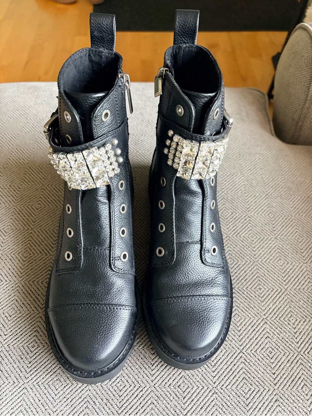Karl Lagerfeld Black Leather Crystal-Embellished Women's Ankle Boots Size 7.5